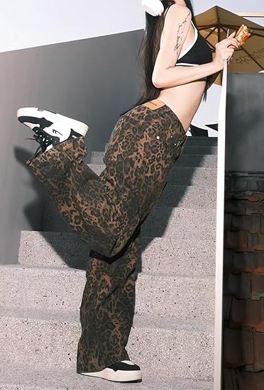 パンツ y2k leopard double waist denim pants IDEWO Cheetah Print Pants Leopard Pants Y2k Pants Leopard